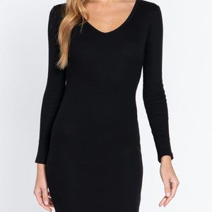 Women's Dresses, Long Sleeves V-Neck Mini Rib Dress.